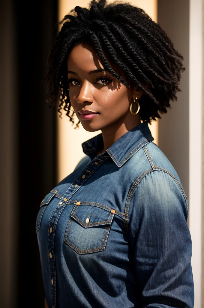 Best quality,life-like, masterpiece, high resolution, 1 middle-aged black woman, dressed in blue high-waist jeans, blue denim shirt, black hair, beautiful face, physique, Tyndall effect, realistic, dark studio, rim lighting, duotone lighting, (high detail skin: 1.2), 8k uhd, DSLR, soft light, high quality, volumetric light, stealth shot, photo, high resolution, 4k, 8k, bokeh