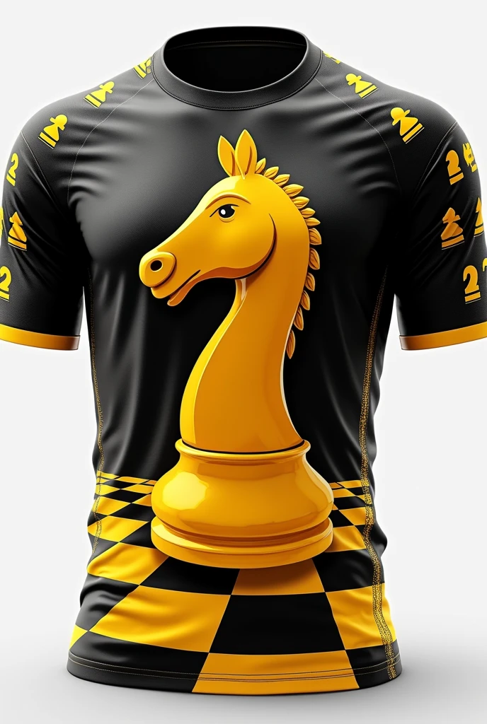 Genera una imagen de un diseño de playera deportiva para el club de ajedrez chess con queso 🧀♟️ recuerda usar colores como el amarillo queso y negro... Add a design for the front and back of the shirt