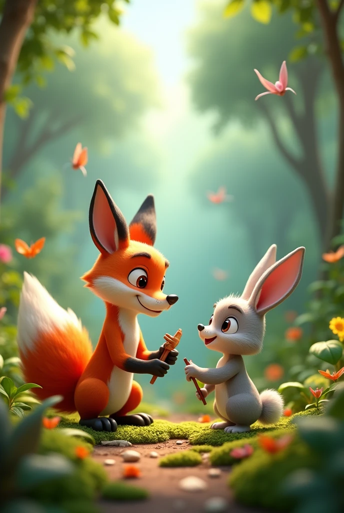 In 3D animation style The fox and rabbit working together to improve their jungle home.