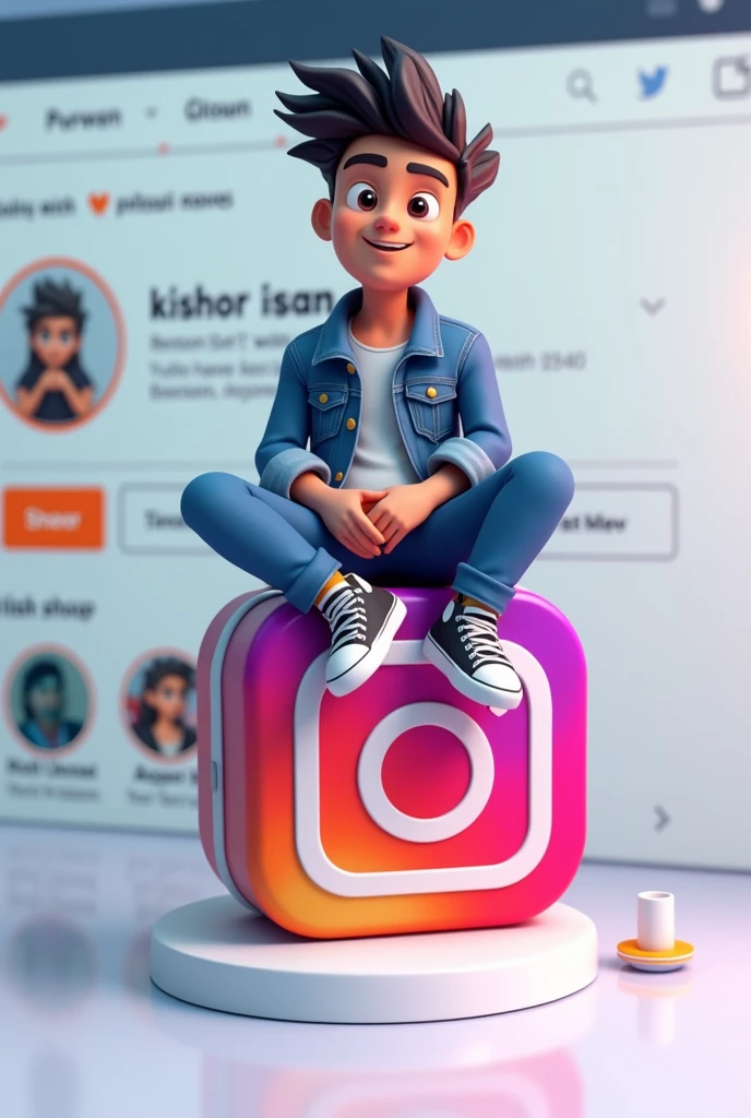 Create a 3D illustration of an animated character sitting casually on top of a social media logo "Rofiqulislam10". The character must wear casual modern clothing such as jeans jacket and sneakers shoes. The background of the image is a social media profile page with a user name "Kishor" and a profile picture that match