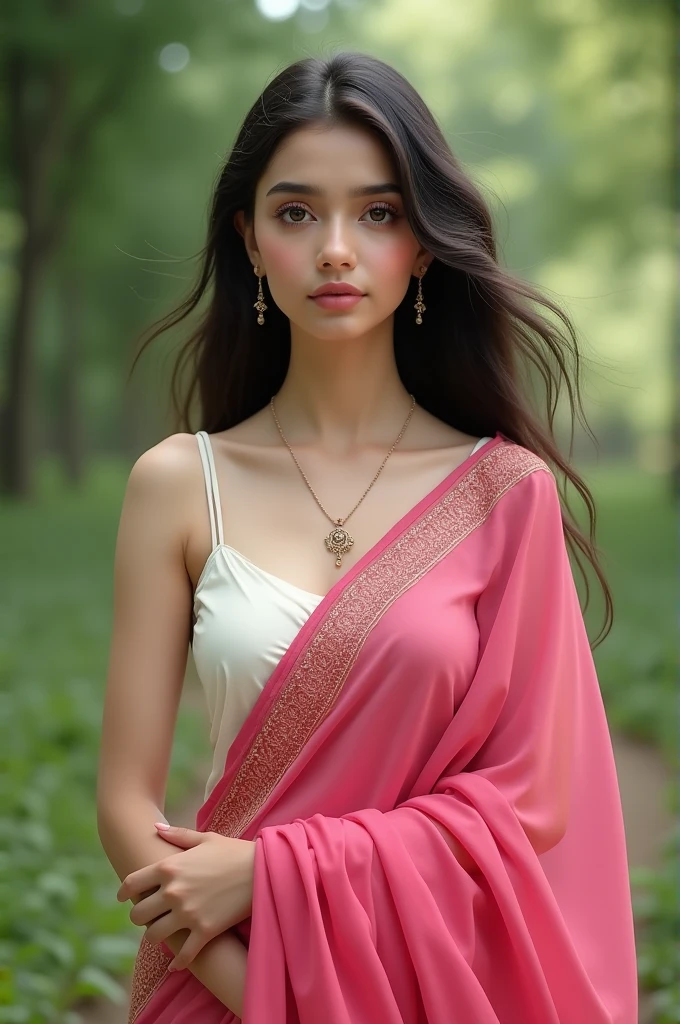 a girl wearing white cami top and pink sari
