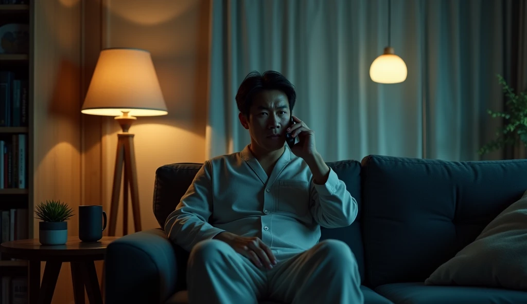 A Japanese salaryman responding to an urgent call from the office in his living room late at night. The scene is realistic, capturing the tension in the quiet of the night. The salaryman, dressed in loungewear, sits on the sofa with a slightly tired expression, holding his phone to his ear as he speaks seriously. The background features a dimly lit living room, softly illuminated by warm lighting, reflecting the pressure of dealing with an emergency late at night