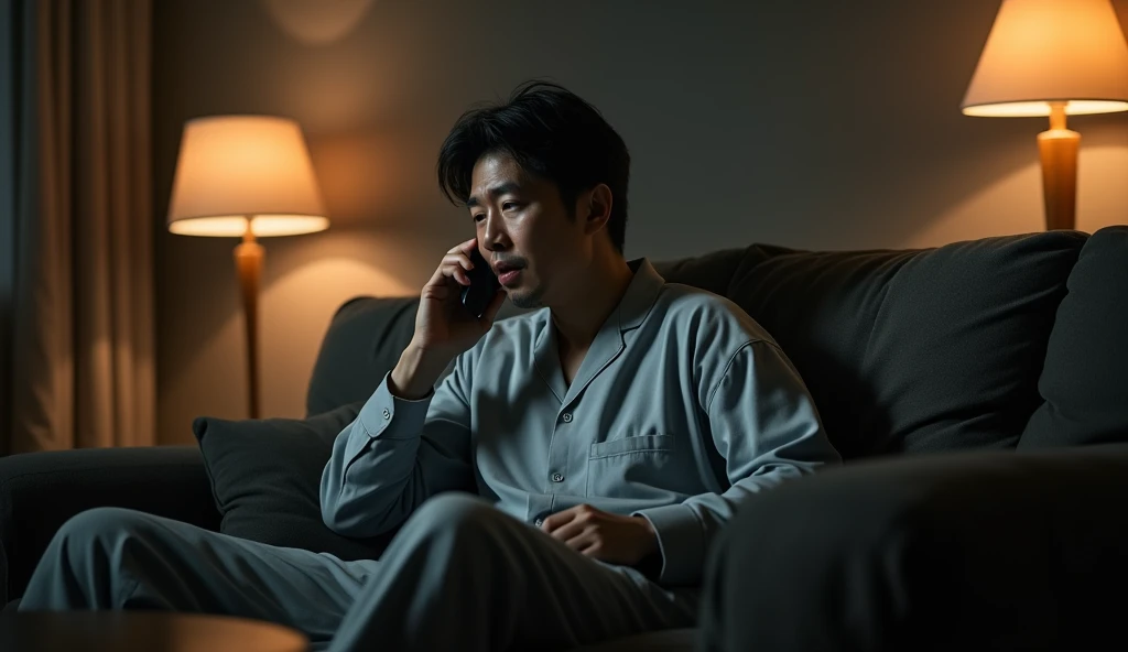 A Japanese salaryman responding to an urgent call from the office in his living room late at night. The scene is realistic, capturing the tension in the quiet of the night. The salaryman, dressed in loungewear, sits on the sofa with a slightly tired expression, holding his phone to his ear as he speaks seriously. The background features a dimly lit living room, softly illuminated by warm lighting, reflecting the pressure of dealing with an emergency late at night