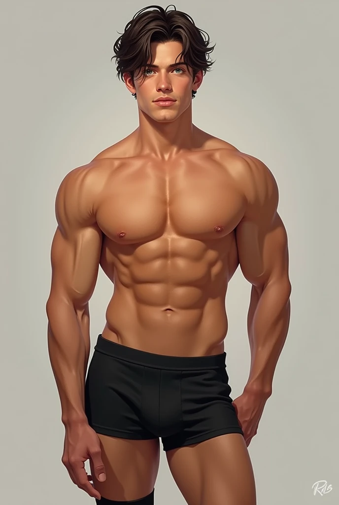 A man in black shorts and black knee-high socks. big thighs, tanned and sweet. Short dark brown hair, a little disheveled in the front. Bright and expressive green eyes. A little masculine face, but with a sweetness in the expression.