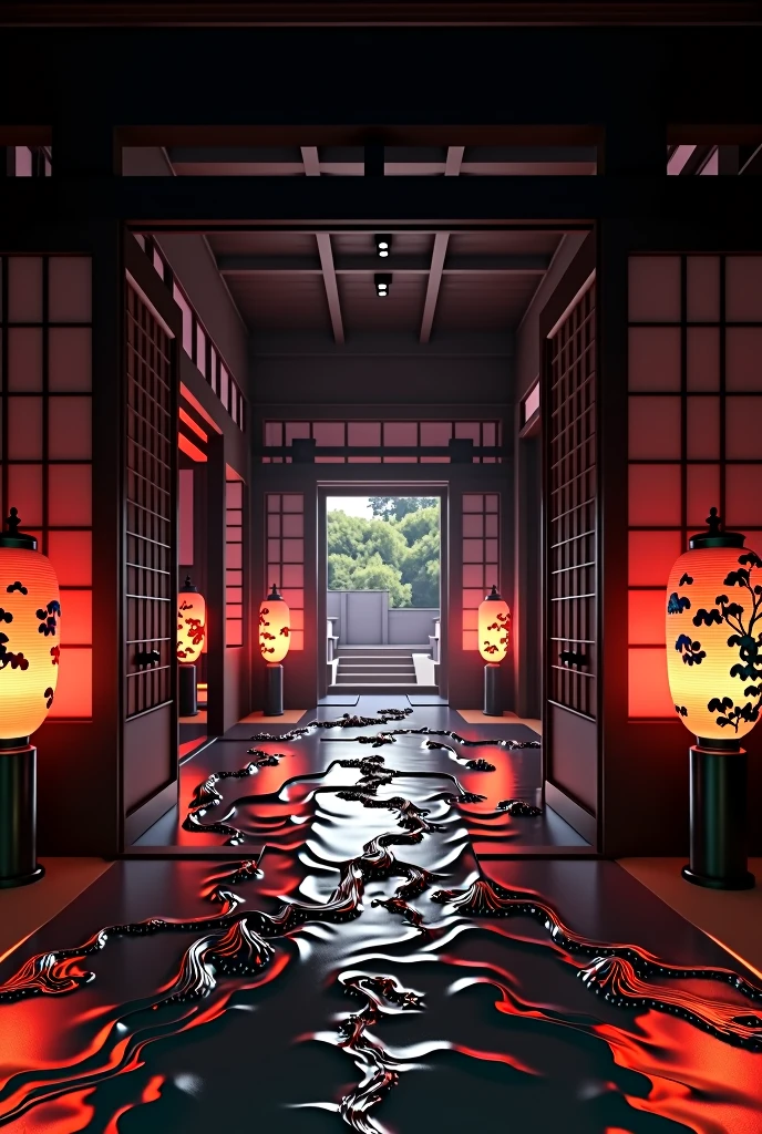 The spacious, enclosed room has a corridor with a veranda and sliding doors on both sides, and a lantern that shines like a river of water. The overall atmosphere is black and red, and the Japanese-style lanterns and sliding doors are beautifully decorated.