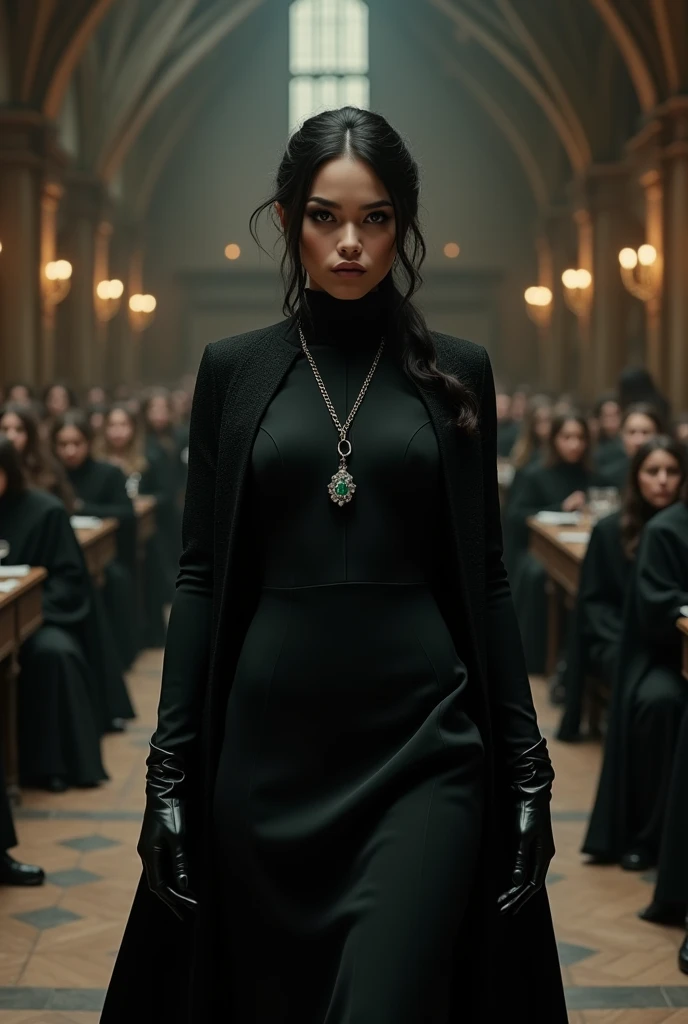 "A tall and impressive female character, who is the Defense Against the Dark Arts professor at Hogwarts. She is a 3 vampire, dresses entirely in black, holding a black lace parasol, is covered by a traveling cloak and has black leather gloves on her hands. wears a black dress, high neck and long sleeves. Her very black curly hair is tied up. Your skin is mixed race, light black, of a grayish brown, without any pink tone on the face. She has a delicate face with fine features, fine nose, tthin eyebrows, pronounced cheekbones, delicate mouth and pointed chin. Her face resembles that of model Audreyana Michelle She has heterochromia in her eyes, the right eye is black and the left eye is green. She wears a locket with a small, delicate emerald with small, delicate silver details.. She walks through the hall with elegance, leaving everyone present fascinated by his mysterious and attractive presence. Students must be seated at tables in the Hogwarts Great Hall., Ao fundo.”
