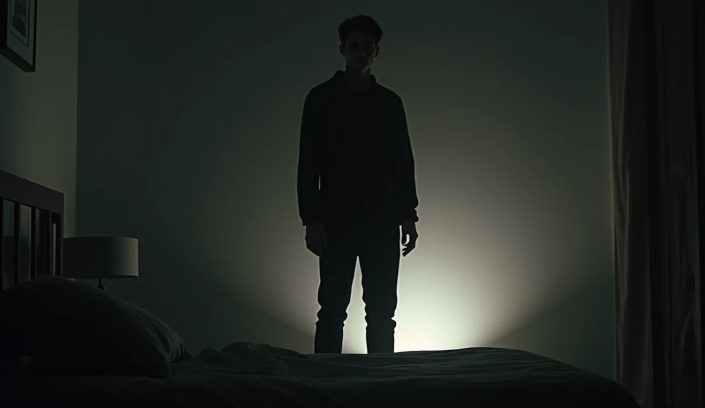 Black shadow of a young man standing on a bed near the wall