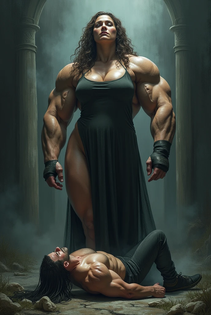 A man beats his wife, the woman makes a potion and turns into a very tall muscular physique, which grows longer every day, she finds her ex-husband and kidnaps him by force, the woman's husband beats her very badly.
