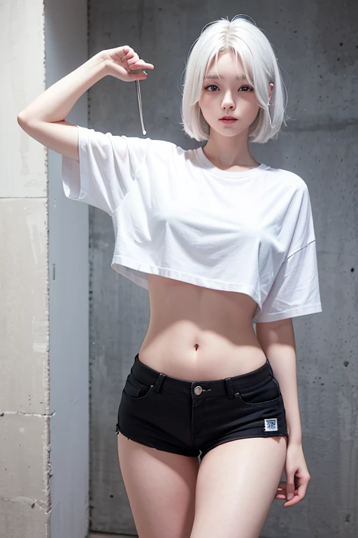 Reality, high resolution, 1 girl, Short white hair, Korean, Looks like winter from aespa, blue eyes, Loose white shirt, Tight black shorts, Thick thighs