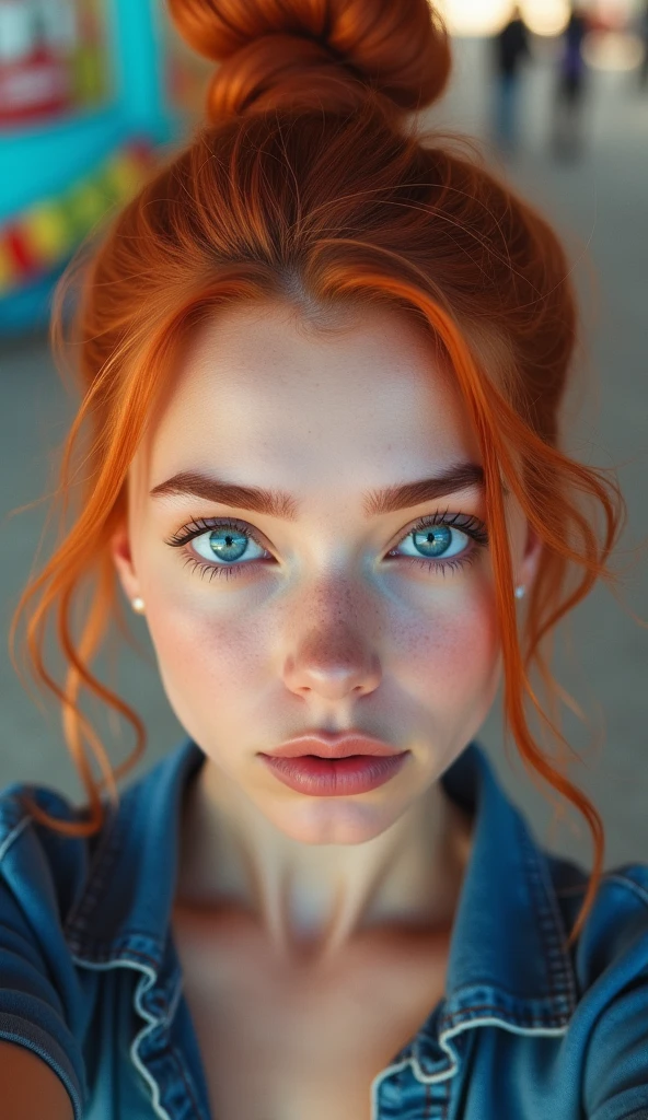 raw photo in UHD RAW format, (taking selfies, aerial view: 0,9), (straight half of the torso: 1,0). A 20 year old girl with a bun, in an amusement park, natural red hair and blue eyes, [ hyper-realistic texture ], [ hyper-realistic skin texture ], good lighting. fine-details, olhos e rosto extremamente symmetrical, extremely detailed, symmetrical, sharp piercing eyes.
