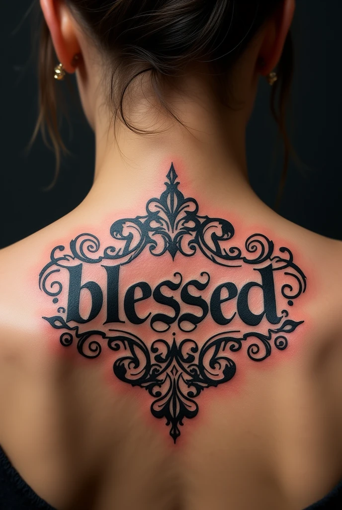 Tattoo for the nape of the neck that says "Blessed" with a baroque typeface and a baroque style background.