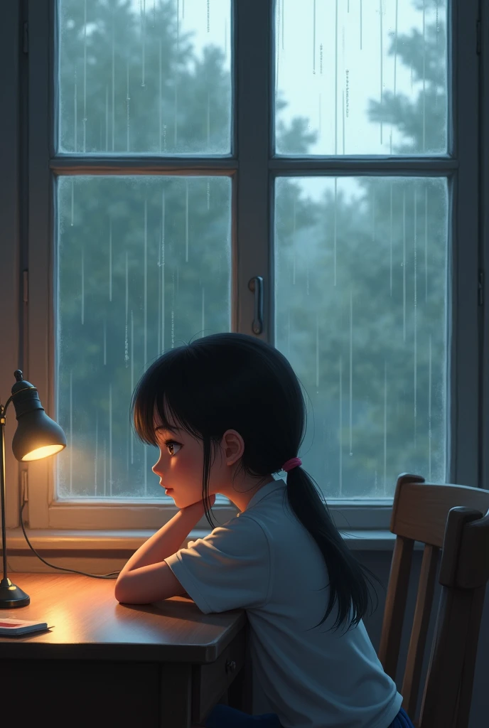 a girl lying on the desk and looking out the window at the falling rain