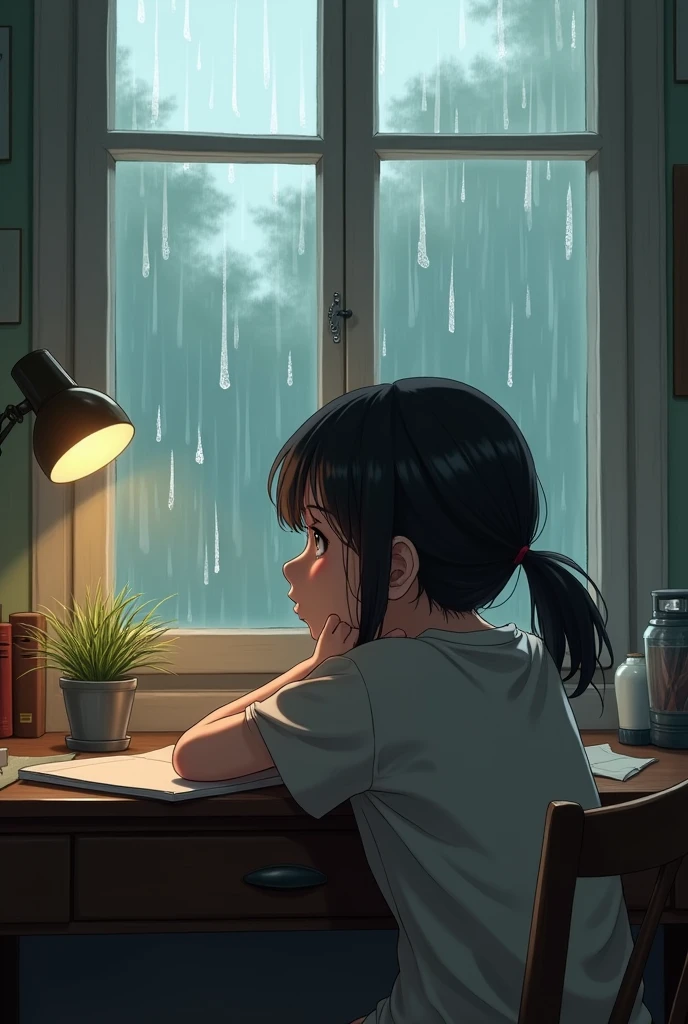 a girl lying on the desk and looking out the window at the falling rain