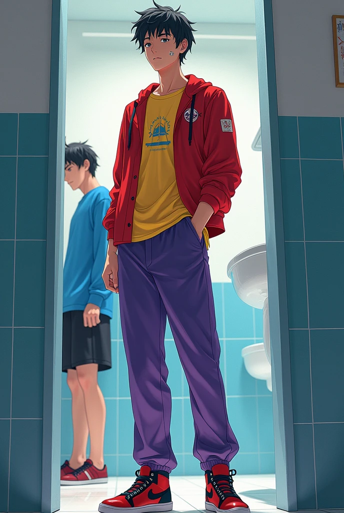 1 Japanese man,Age 23,I am black and blue.,Yellow short sleeve shirt,Red Jacket,Purple trousers,Red and black sneakers,behind,bathroom,Blue long sleeve shirt,black short pants,Dry it out,Beautiful anime