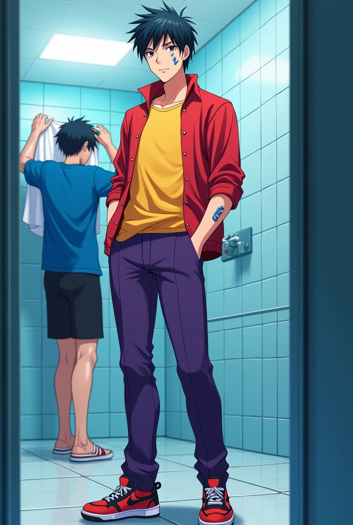 1 Japanese man,Age 23,I am black and blue.,Yellow short sleeve shirt,Red Jacket,Purple trousers,Red and black sneakers,behind,bathroom,Blue long sleeve shirt,black short pants,Dry it out,Beautiful anime