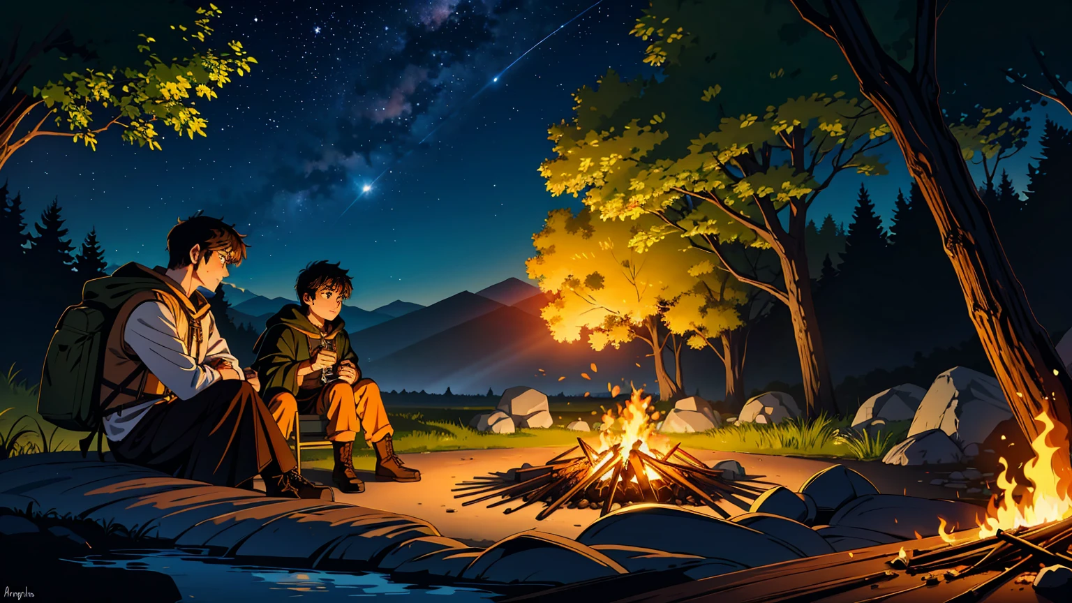 A serene riverside setting at night, where a male adventurer is camping by a warm, glowing campfire. The adventurer is a rugged man with short brown hair, wearing leather armor and a dark green cloak. He sits on a log near the fire, his face illuminated by the flickering flames, with a thoughtful expression. Around him, there are some simple camping gear, like a small tent, a backpack, and a cooking pot hanging over the fire. The river flows gently beside him, reflecting the light of the starry sky and a crescent moon. The atmosphere is peaceful, with the sounds of nature and the crackling of the fire creating a sense of solitude and adventure.