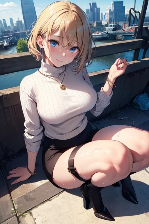 (NSFW)、((Highest quality、Very detailed、Beautiful lighting、Very detailed顔、Detailed eyes、Depth of subject、Prime Lenses、masterpiece))、(Blonde、Blue Eyes、short hair、Wavy Hair、hairpin、Earrings、necklace、bracelet)、(eight-headed body、Beautiful legs、Large Breasts)、(((white tight sweater、turtleneck、Black Stockings、High heels)))、((Hot sunshine、Sweating profusely、Wet、Heat))、(((Body odor)))、(Detailed Background、London cityscape、Full body photo、A scene from a movie)、The best smile、((Sweat stains))