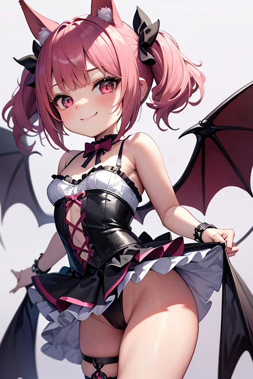 (masterpiece,best quality,ultra-detailed), an anime girl who is a playful and sweet succubus. She has candy pink m-shaped bangs short hair with twin ponytails, ruby round eyes, fruit bat ears and wings, wearing a gothic leotard with ruffle skirt succubus attire, ankle straps on her barefoot, standing bending over to the right playfully, focus, hands in a playful pose, face in a playful expression, smirk playfully, looking at viewer