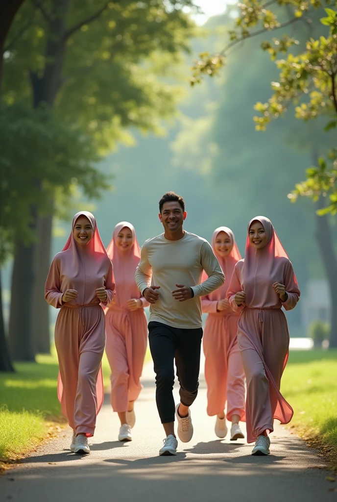 create me a picture of a handsome 4 Melaka man in track pants jogging in a lake park accompanied by four beautiful Malay women wearing Hijabista veils aged between 30 and 40 years old