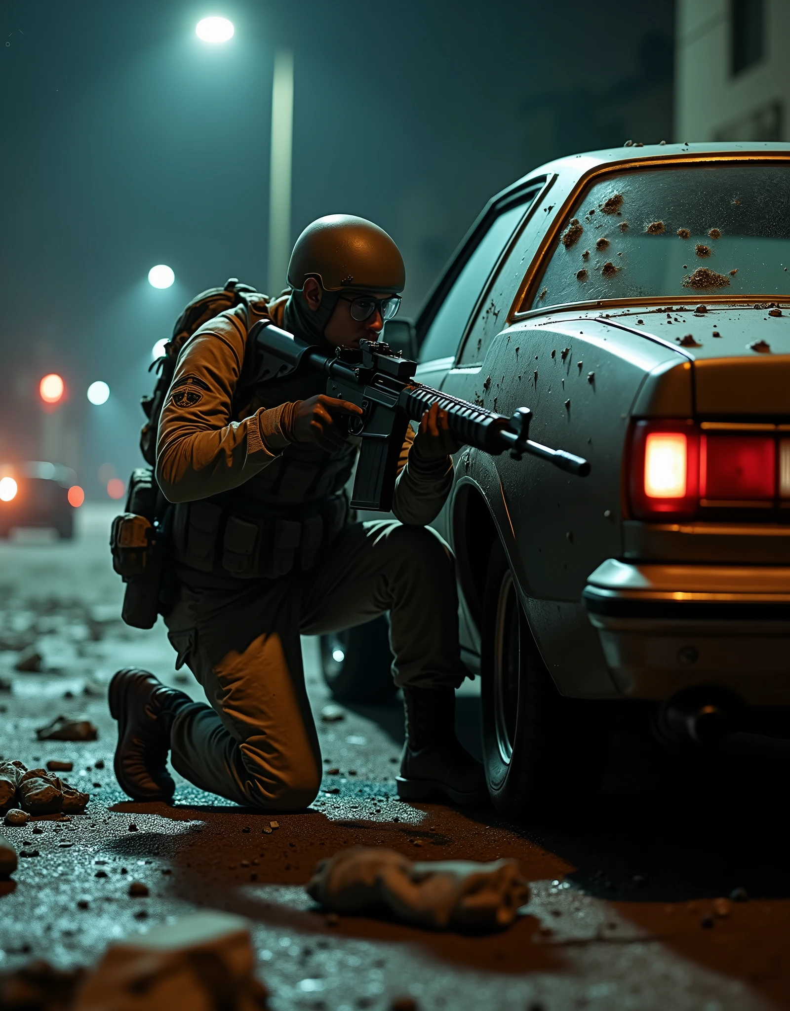 A US Army soldier firing an assault rifle, hiding behind a bullet-hole-ridden car, sedan, Los Angeles, abandoned street, perspective, nighttime, danger atmosphere, intense, cinematic, fix hands