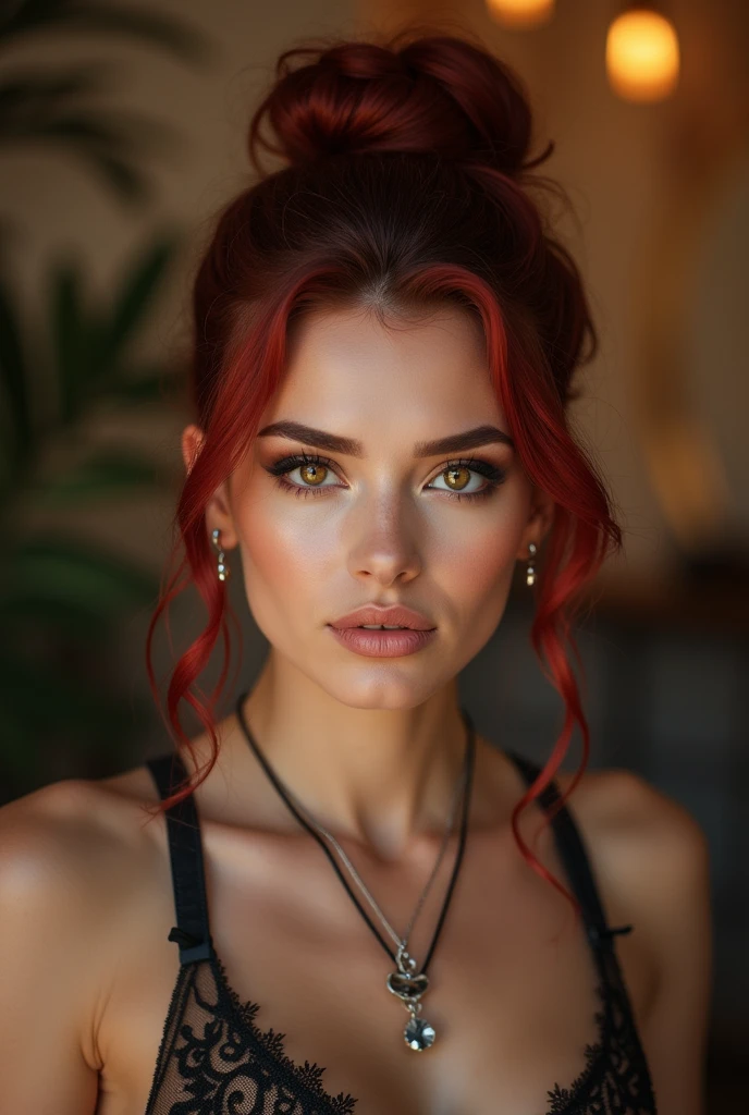 ultra detailed and realistic photograph of a beautiful woman wearing a modern outfit with a skirt and high heels, brown hair up, bold colored hair, piercings in each ear, fashionable pose with arched eyebrows, beautiful symmetrical and detailed brown eyes, beautiful detailed face, cozy atmosphere, exquisite detail, facing the camera, looking at the camera, high sharpness, facial symmetry, ultra detailed , ultra high