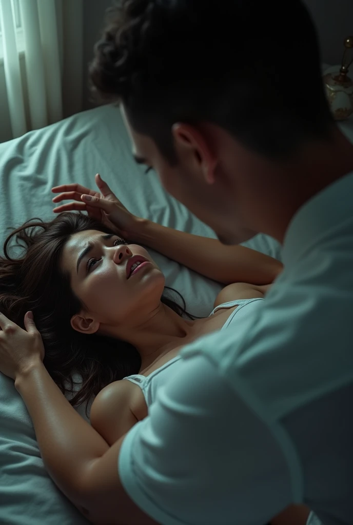 A trouble pregnant woman mother in bed room her  are big weeping sad and begging her life seating on her knee from a rapist who rape her in next move , light are on in room , create a image from rapist point of view looking in eye 