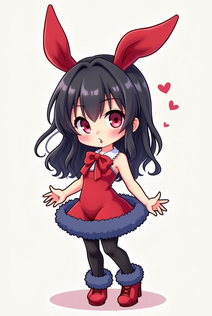anime chibi girl, with red strapless bodysuit, red bunny ears, black stockings, Red high heels, long blue fur, white clothing collar with red bow.