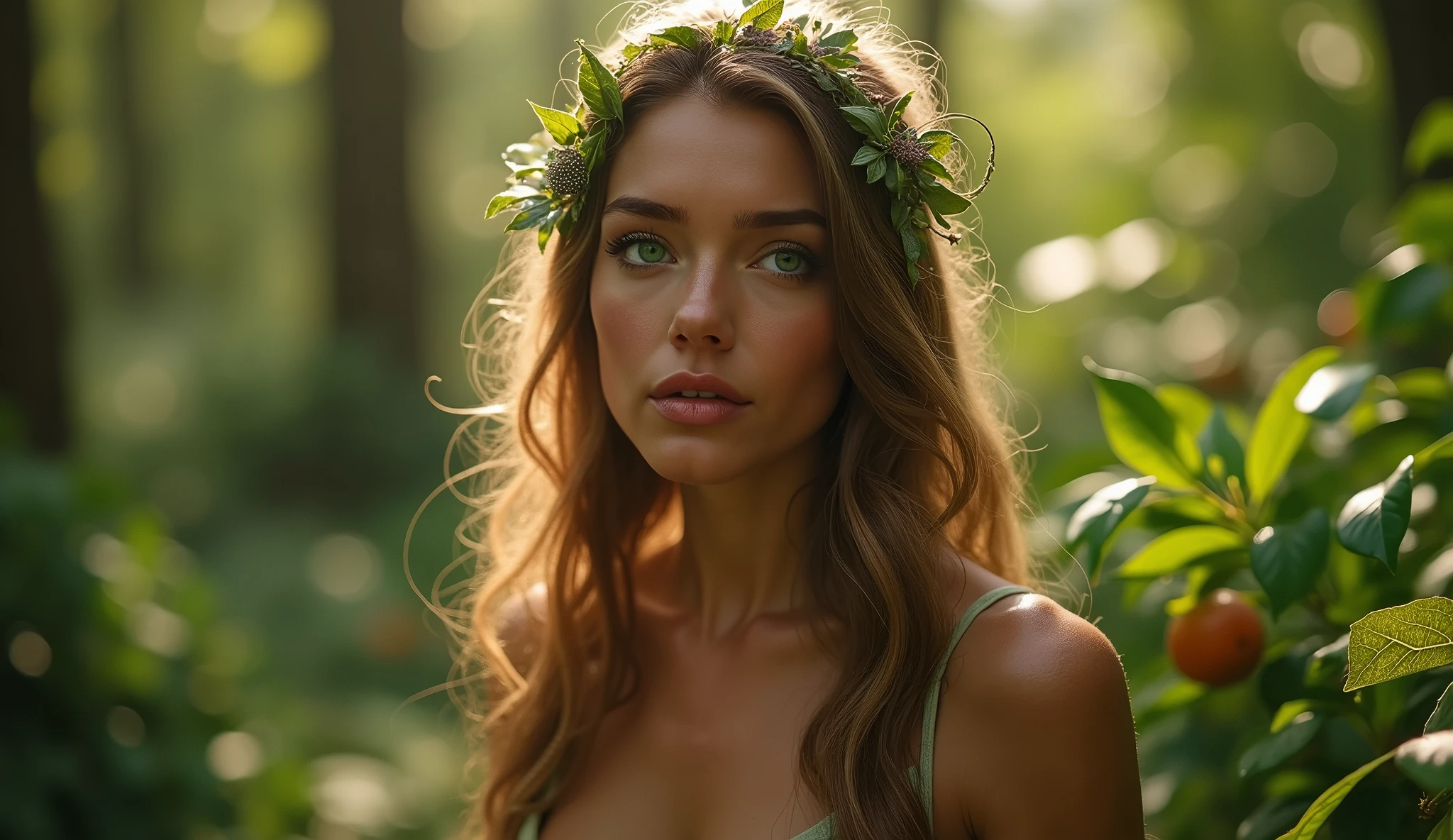 Descreva uma imagem de Adam and Eve's picking fruits from the trees in the enchanting garden of Eden. Eve is in her mid 20s, emerald color eyes, extremey beautiful, long light brown hair, dressed in leaves. emanating a divine aura and looking away from the camera with a penetrating and compassionate gaze. The scene around him radiates a sense of serenity and transcendence, com cores suaves e uma atmosfera celestial. Highlight the details of the expression on your face, the sparkle in your eyes and the sense of peace and grace that your presence radiates in this sacred moment, 32K UHD, Style Raw, Afternoon sun, warm tone, cinematic