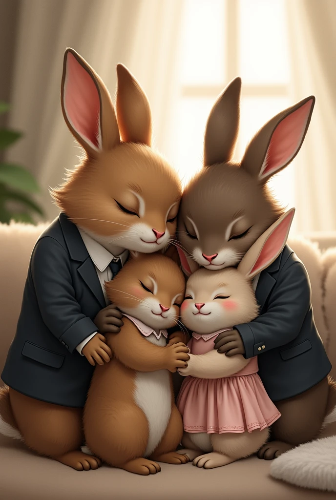 Four stylishly dressed animal boys，3 boys and 1 girl rabbit snuggling together