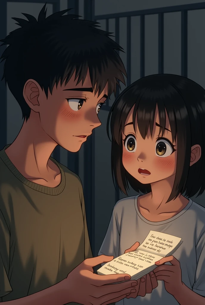 A close-up of  Sam holding the note with a concerned expression. Same age Max is looking up at Sam with a worried face.
Details: Soft lighting to emphasize Sam's concern and the note’s message on the abandon cage
