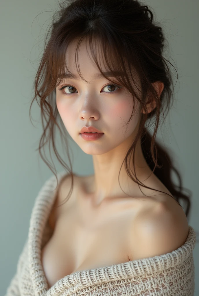 (Masterpiece:1.3), (8ก, Virtual image, raw photography, Highest picture quality: 1.4), Japanese high school girls、(Random hairstyle:1.2)、Breast cleavage:1.2、Highly detailed face、Eye of Detail、Double eyelids、Gather your breasts together、Sharp focus:1.2、beautiful woman:1.4、light brown hair、Highest quality、Masterpiece、high definition、(Virtual image:1.4)、Highly detailed and professional lighting smile、Loose and light knitwear、Shoulder out、Thin、Serious facial expression、Long hair is messy.、Serious position