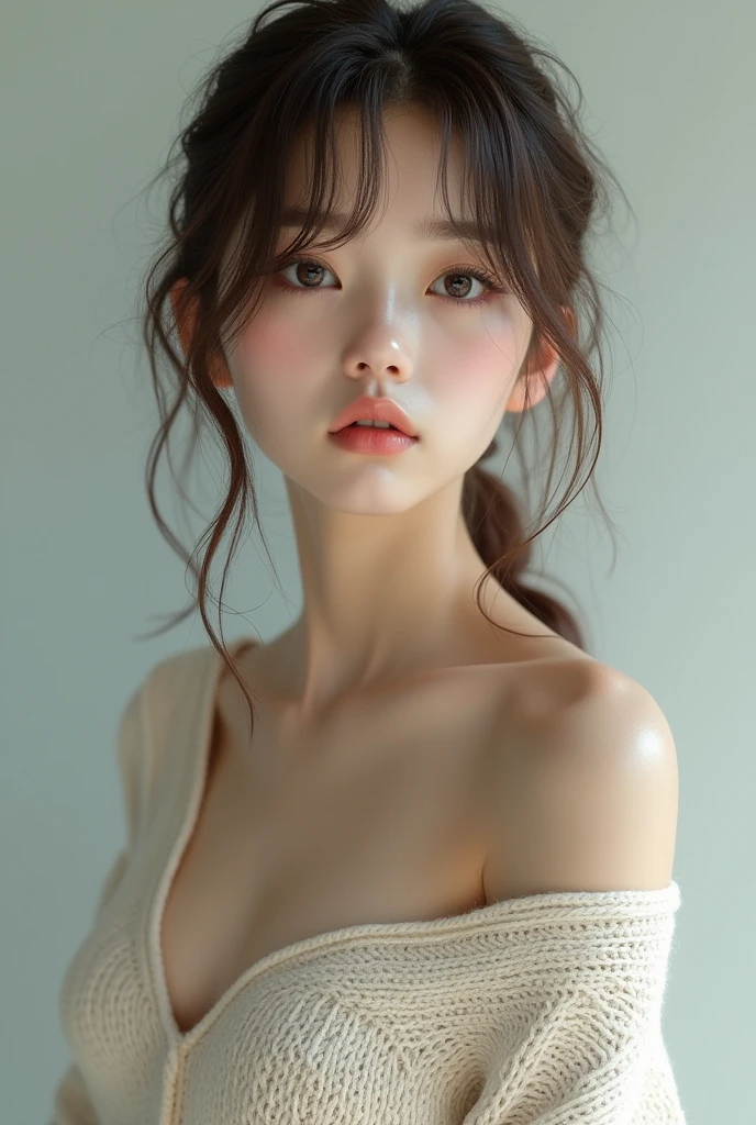 (Masterpiece:1.3), (8ก, Virtual image, raw photography, Highest picture quality: 1.4), Japanese high school girls、(Random hairstyle:1.2)、Breast cleavage:1.2、Highly detailed face、Eye of Detail、Double eyelids、Gather your breasts together、Sharp focus:1.2、beautiful woman:1.4、light brown hair、Highest quality、Masterpiece、high definition、(Virtual image:1.4)、Highly detailed and professional lighting smile、Loose and light knitwear、Shoulder out、Thin、Serious facial expression、Long hair is messy.、Serious position