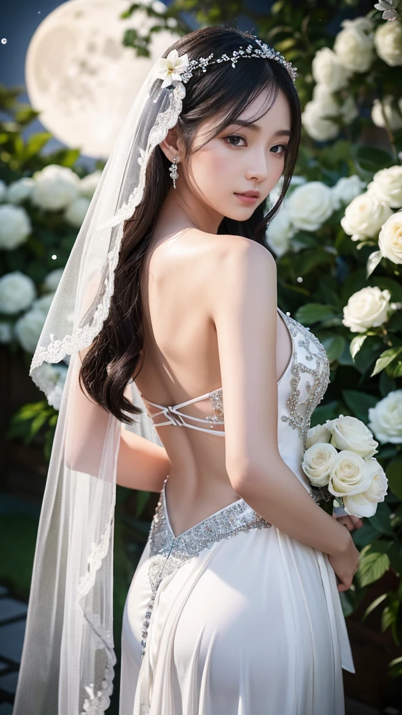 **Prompt:** Create an ultra-realistic 8K image of Tsukuyomi, the Japanese moon god, reimagined as the ultimate bride while retaining the deity's iconic features. Tsukuyomi is depicted as a stunningly beautiful woman with a soft, ethereal glow that seems to radiate from her pale, luminous skin, reminiscent of moonlight. Her long, silver hair cascades gracefully down her back, adorned with delicate, sparkling hairpins shaped like crescent moons and stars.
She wears a breathtaking bridal gown that combines traditional and celestial elements. The gown is a flowing white fabric that shimmers like stardust, with intricate silver embroidery resembling constellations. The veil, almost translucent, drapes elegantly over her, catching the light in a way that creates a halo effect around her figure.
Her eyes, large and reflective, hold a serene, almost otherworldly calm, exuding the quiet mystery of the moon. Her expression is gentle, yet carries the weight of timeless wisdom and grace. In her hands, she holds a bouquet of white flowers intertwined with silver leaves, symbolizing purity and celestial beauty.
The background is a serene, moonlit garden, with soft, glowing lanterns and blooming flowers surrounding her, creating a dreamlike, tranquil atmosphere. The scene captures the perfect blend of Tsukuyomi’s divine elegance and the beauty of a bride on her wedding day, making her a figure of both celestial and earthly grace.