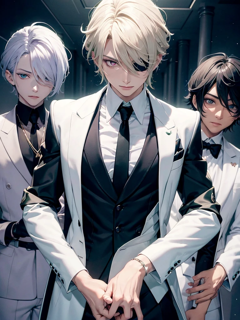 There are two elegant boys, the first boy has green hair and black and dark green clothes. The second boy has purple hair with white clothes, green yellow, Anime style image of a man with long blonde hair wearing a black suit and white shirt, purple eye, a character portrait inspired by Yamagata Hiro, pixiv, what is?, pat pat anime, delicate androgynous prince, black skin, black skin, black face, guapo drow, beautiful androgynous prince, Johan Liebert mixed with Alucard, handsome boy with eye patch, handsome anime man, excited, POV, Perspectiva, Brillar, Luz de reflejo, Riendo, Yaeba fuera, Expresiones, Gimiendo, Lengua larga, Sonrisa nerviosa, Sonriente, Ojos brillantes, Ahogado,