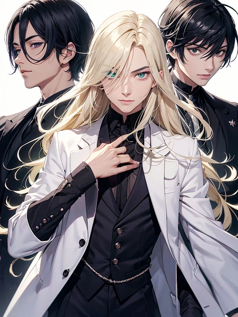 There are two elegant boys, the first boy has green hair and black and dark green clothes. The second boy has purple hair with white clothes, green yellow, Anime style image of a man with long blonde hair wearing a black suit and white shirt, purple eye, a character portrait inspired by Yamagata Hiro, pixiv, what is?, pat pat anime, delicate androgynous prince, black skin, black skin, black face, guapo drow, beautiful androgynous prince, Johan Liebert mixed with Alucard, handsome boy with eye patch, handsome anime man, excited, POV, Perspectiva, Brillar, Luz de reflejo, Riendo, Yaeba fuera, Expresiones, Gimiendo, Lengua larga, Sonrisa nerviosa, Sonriente, Ojos brillantes, Ahogado,