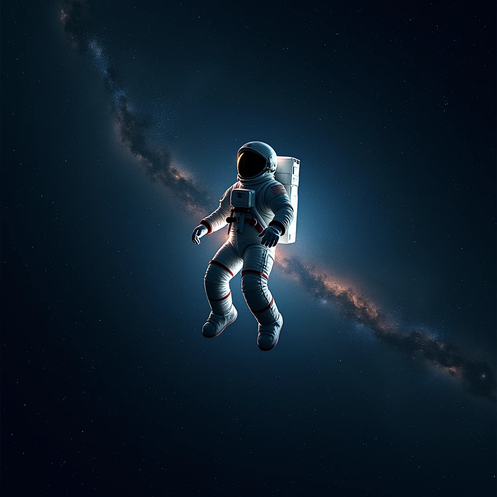 Astronaut floating in space.exterior , shines , Many stars , constellations , galaxies , a flash of light comes out of his suit 