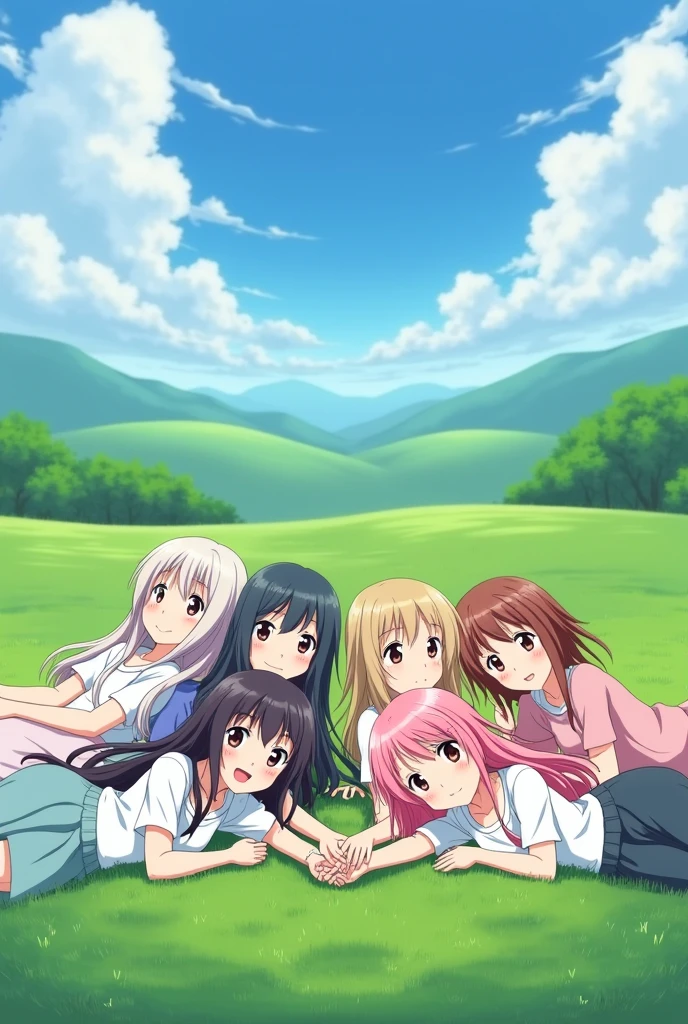 Five anime girls lying on the field holding hands