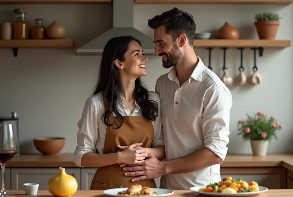 High Resolution, Masterpiece, Accurate, Detail, High Quality, Realistic photo. A 2 wife, long dark hair, white skin, height: 155 cm, weight: 45 kg. A 30 year old husband, short hair, white skin, wearing a white t-shirt, height: 160 cm, weight: 55 kg. Couple in a kitchen. They are standing close together, with the man's arm around the woman's waist. The woman is wearing a brown apron and has long dark hair. They both have big smiles on their faces and are looking at each other lovingly. In the background, there is a wooden shelf with various kitchen items, including a jar of honey, a bunch of garlic, and a vase of flowers. On the table in front of them, there are plates of food and a glass of wine. The overall mood of the image is happy and romantic.