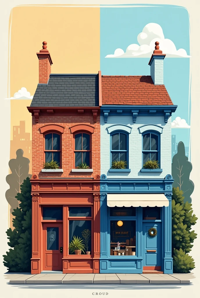 "A split design showing a simple, brown brick building on one side and a light blue storefront with a cozy café on the other. The background should smoothly transition from brown to light blue, representing the two property colors. Overlay text should include 'Brown/Light Blue Wild Property' in a bold font. The design should clearly indicate the dual nature of the card with both color themes equally balanced."