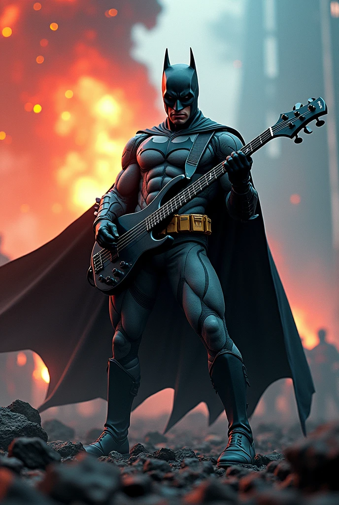 Batman hero playing a black bass. digitl art, 8k, surreal, swirly vibrant colors, explosion behind, in war.