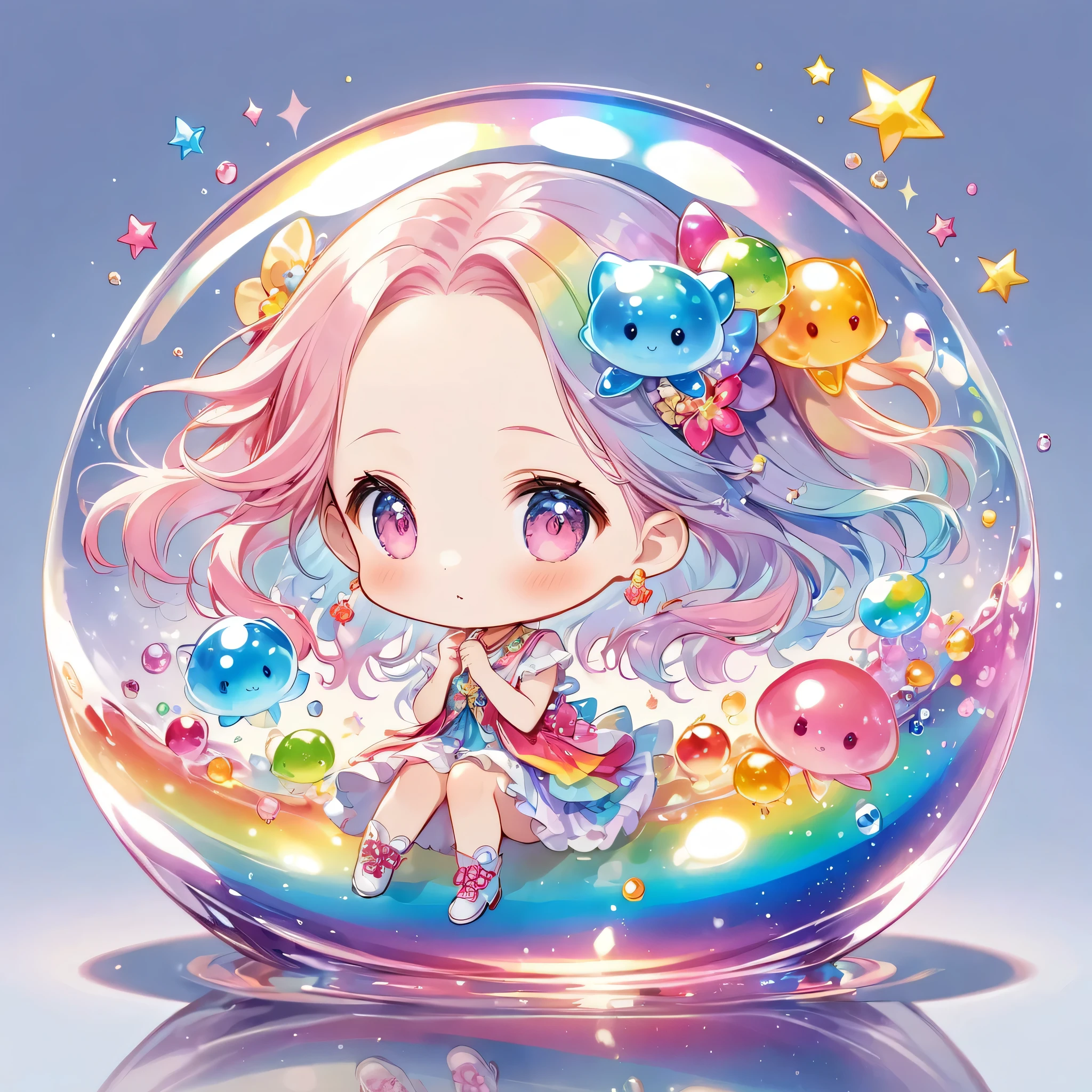 Momoko Sakura colorful style, The most beautiful girl of all time, (((chibi))), (((かくれんぼ))), Cute Aliens, All in one, Tiny nuclei that shine in fantastical rainbow colors,and a completely melted jelly fusion, Very transparent material, High viscosity, Elasticity due to surface tension, Holographic sparkling reflections, Create an engaging impression on your audience