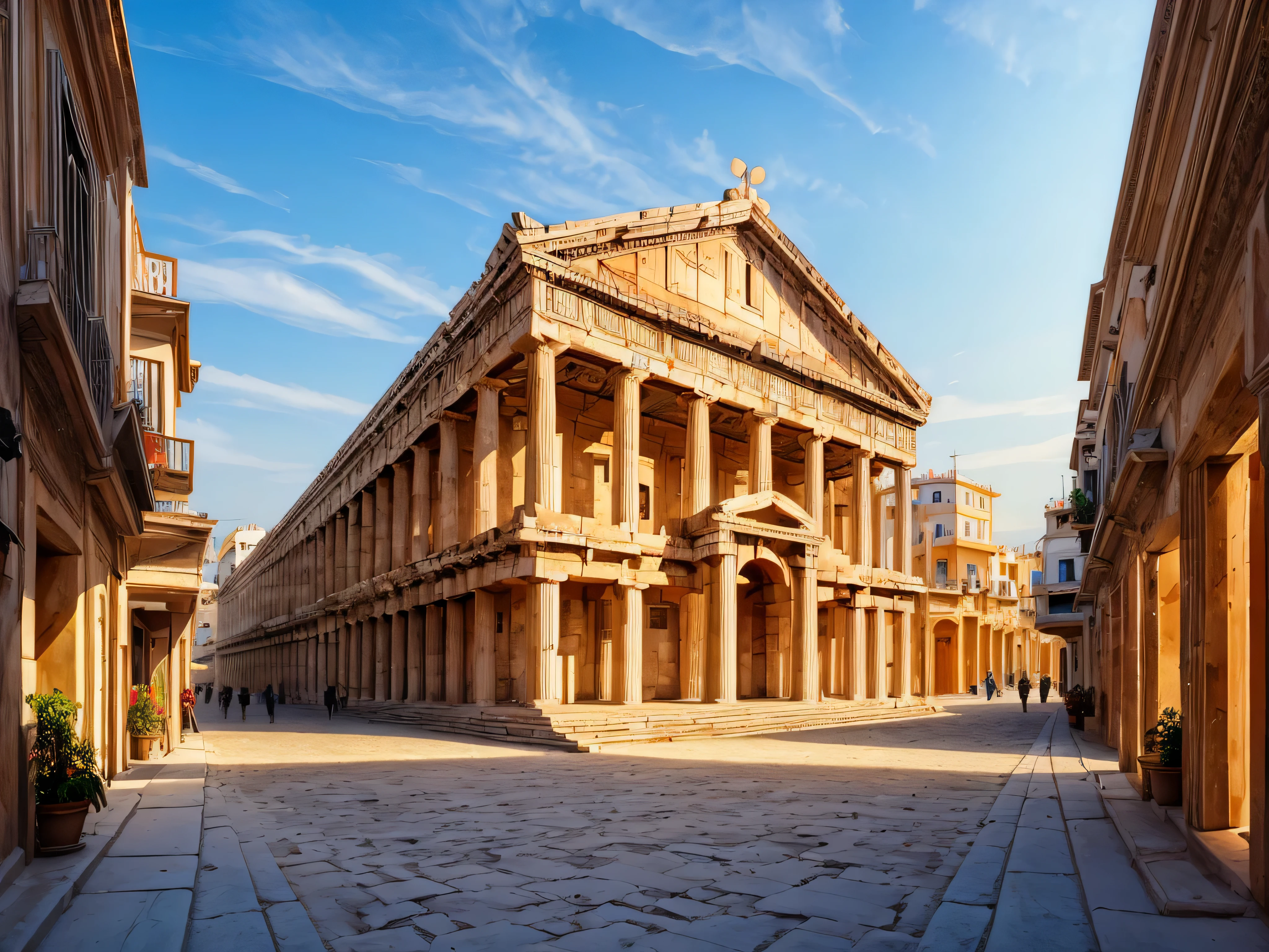 ((tmasterpiece)),((Best quality)),((high detal)),((actual,)) The cities of the future, architectural streets, greek city, greek god statues, bazaars, Bridges, , ancient greek, greek buildings, greek style, future city.