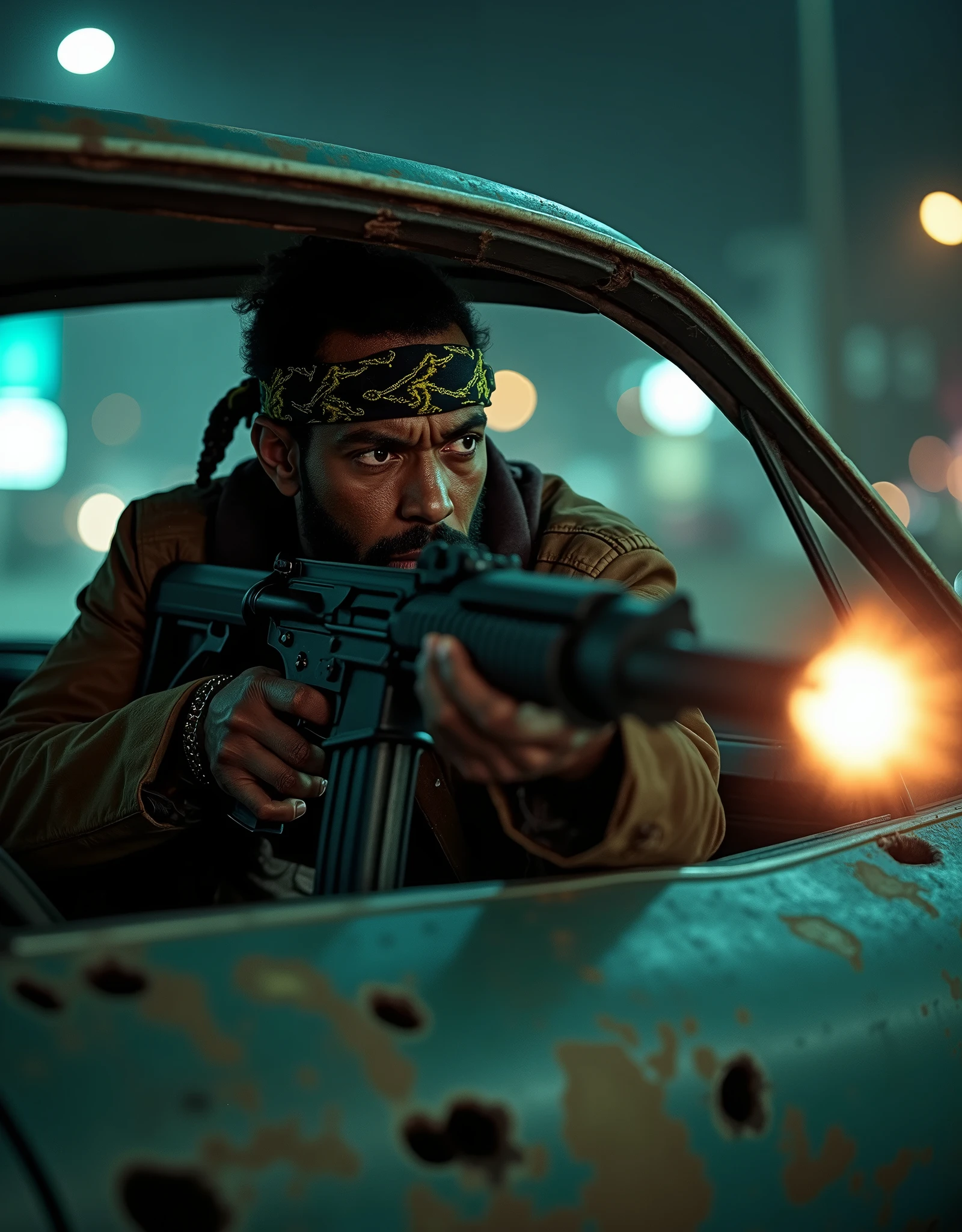 A Jamaican drug dealer firing an assault rifle, hiding behind a bullet-hole-ridden car, sedan, Los Angeles, abandoned street, perspective, nighttime, danger atmosphere, intense, cinematic, fix hands