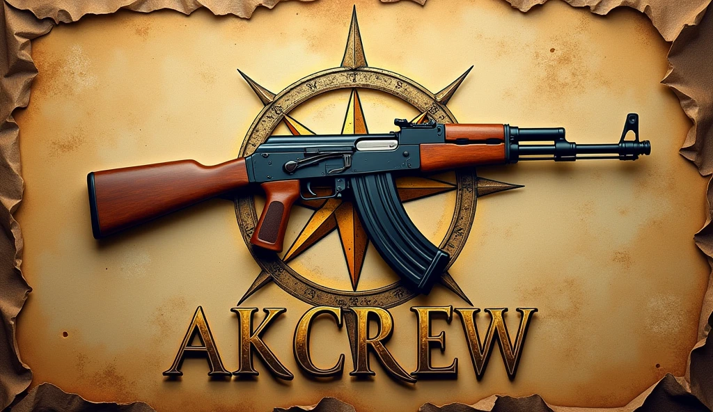 Create an image in the colors of an old pirate map with a compass rose, an ak47 on top of the compass rose  "AKCREW" below keep everything in the same old yellowish map color avoid making the lettering too simple make it golden and well formatted for an RPG guild


