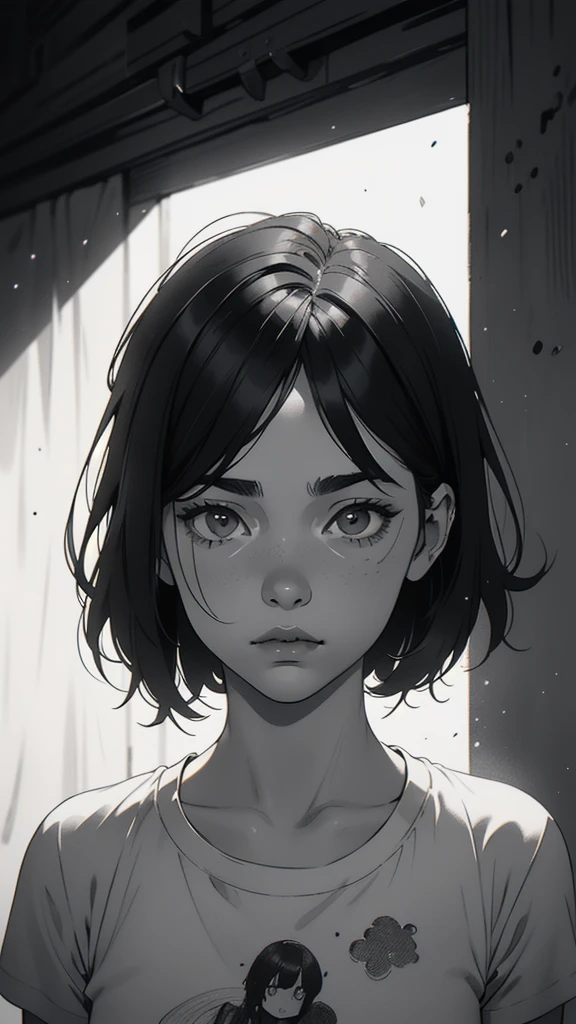 1 boyish girl, solo, sharp eyes, monochrome, greyscale, short black hair, portrait, white T-shirt, Thin eyebrows, closed mouth, looking at viewer, graphite \(medium\), detailed lips, hatching \(texture\), without makeup, bangs, upper body, (best illustration), (best quality), (very detailed), (masterpiece), expressionless, perfect lighting