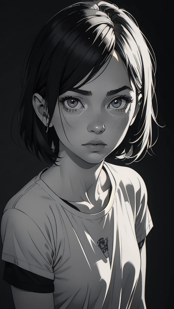 1 boyish girl, solo, sharp eyes, monochrome, greyscale, short black hair, portrait, white T-shirt, Thin eyebrows, closed mouth, looking at viewer, graphite \(medium\), detailed lips, hatching \(texture\), without makeup, bangs, upper body, (best illustration), (best quality), (very detailed), (masterpiece), expressionless, perfect lighting