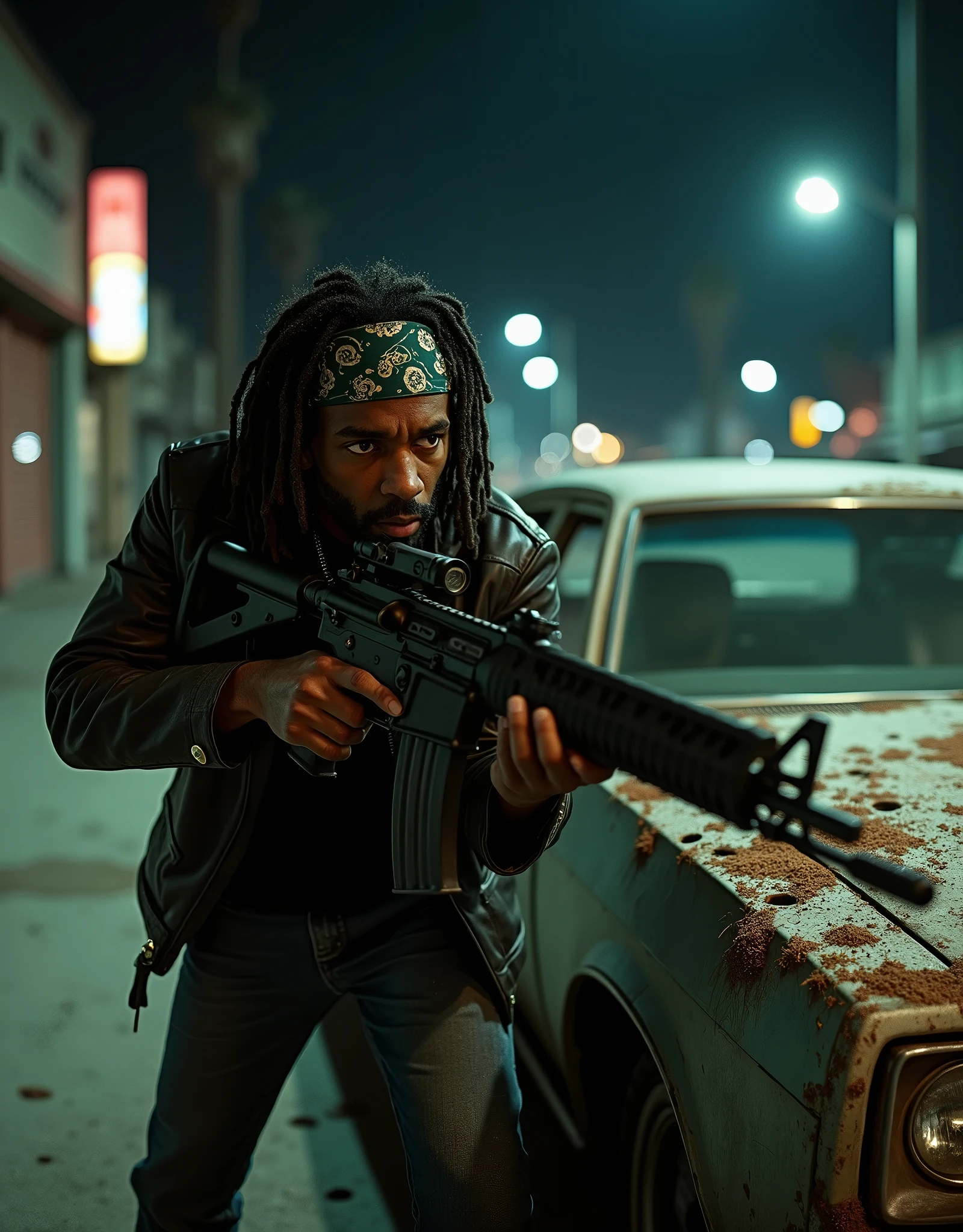 A Jamaican drug dealer firing an assault rifle, hiding behind a bullet-hole-ridden car, sedan, Los Angeles, abandoned street, perspective, nighttime, danger atmosphere, intense, cinematic, fix hands