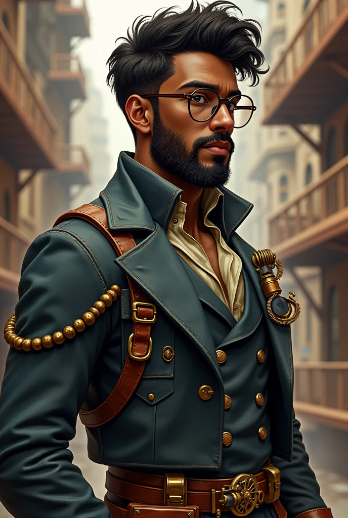 Simple avatar with dark-skinned boy with glasses and beardr usando trajes Steampunk, estilo steampunk, Steam-punk, Steampunk Fiction, steampunk aesthetic,steampunk homem anime bonito, Steampunk, fantasia Steampunk, estilo de fantasia steampunk, arte steampunk, arte digital steampunk, roupas Steampunk