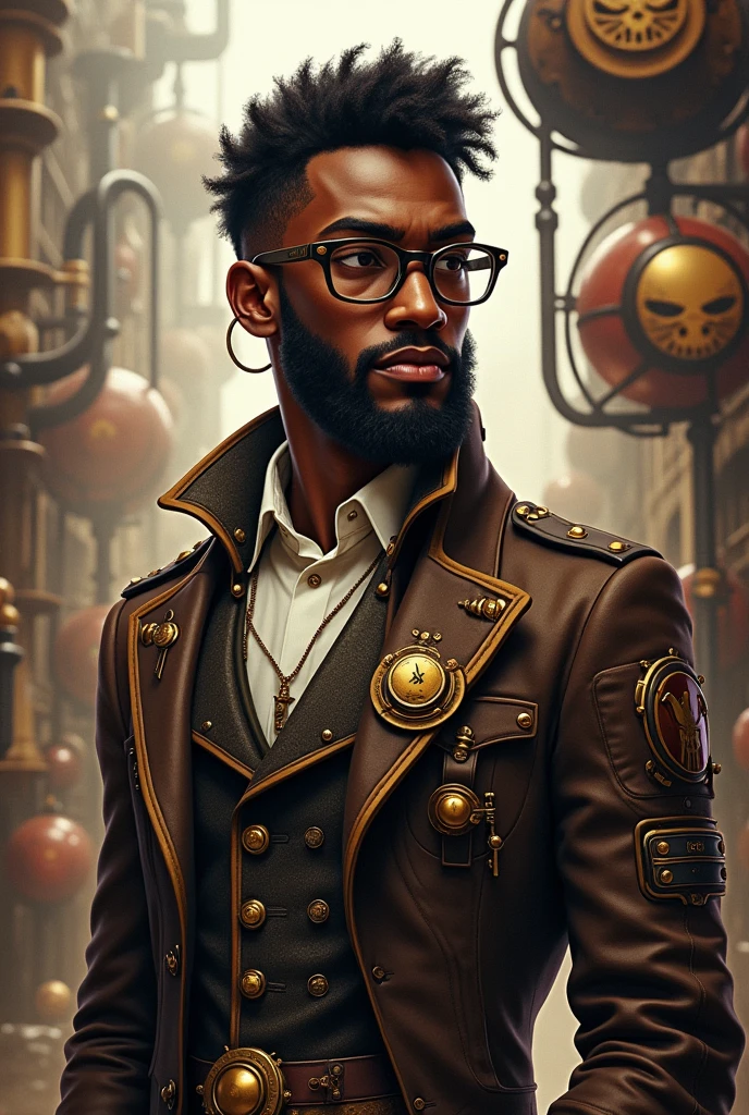Simple avatar with dark-skinned boy with glasses and beardr usando trajes Steampunk, estilo steampunk, Steam-punk, Steampunk Fiction, steampunk aesthetic,steampunk homem anime bonito, Steampunk, fantasia Steampunk, estilo de fantasia steampunk, arte steampunk, arte digital steampunk, roupas Steampunk