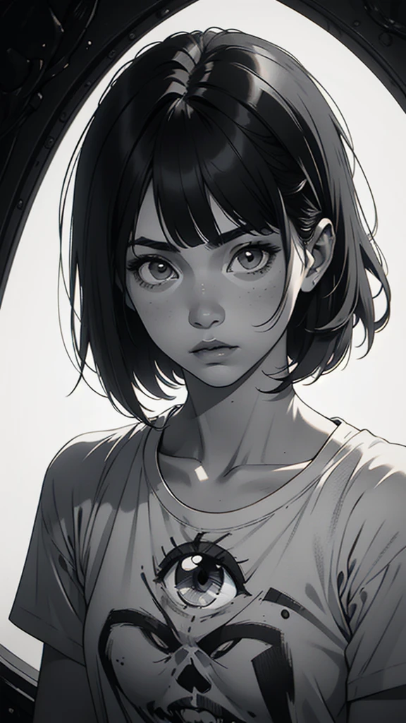 1 boyish girl, solo, sharp eyes, monochrome, greyscale, short black hair, portrait, white T-shirt, Thin eyebrows, closed mouth, looking at viewer, graphite \(medium\), detailed lips, hatching \(texture\), without makeup, bangs, upper body, (best illustration), (best quality), (very detailed), (masterpiece), expressionless, perfect lighting